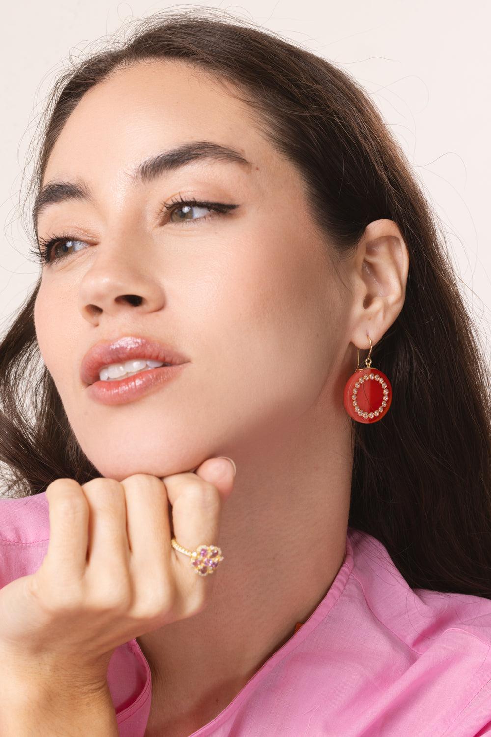 MARK DAVIS-Pink Sapphire Red Bakelite Earrings-YELLOW GOLD