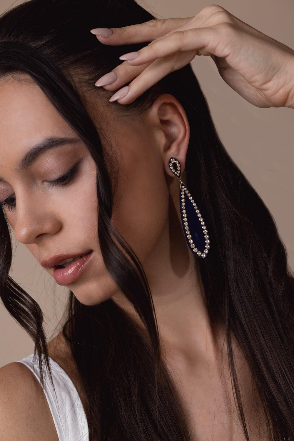 MARK DAVIS-White Topaz Blue Bakelite Earrings-YELLOW GOLD