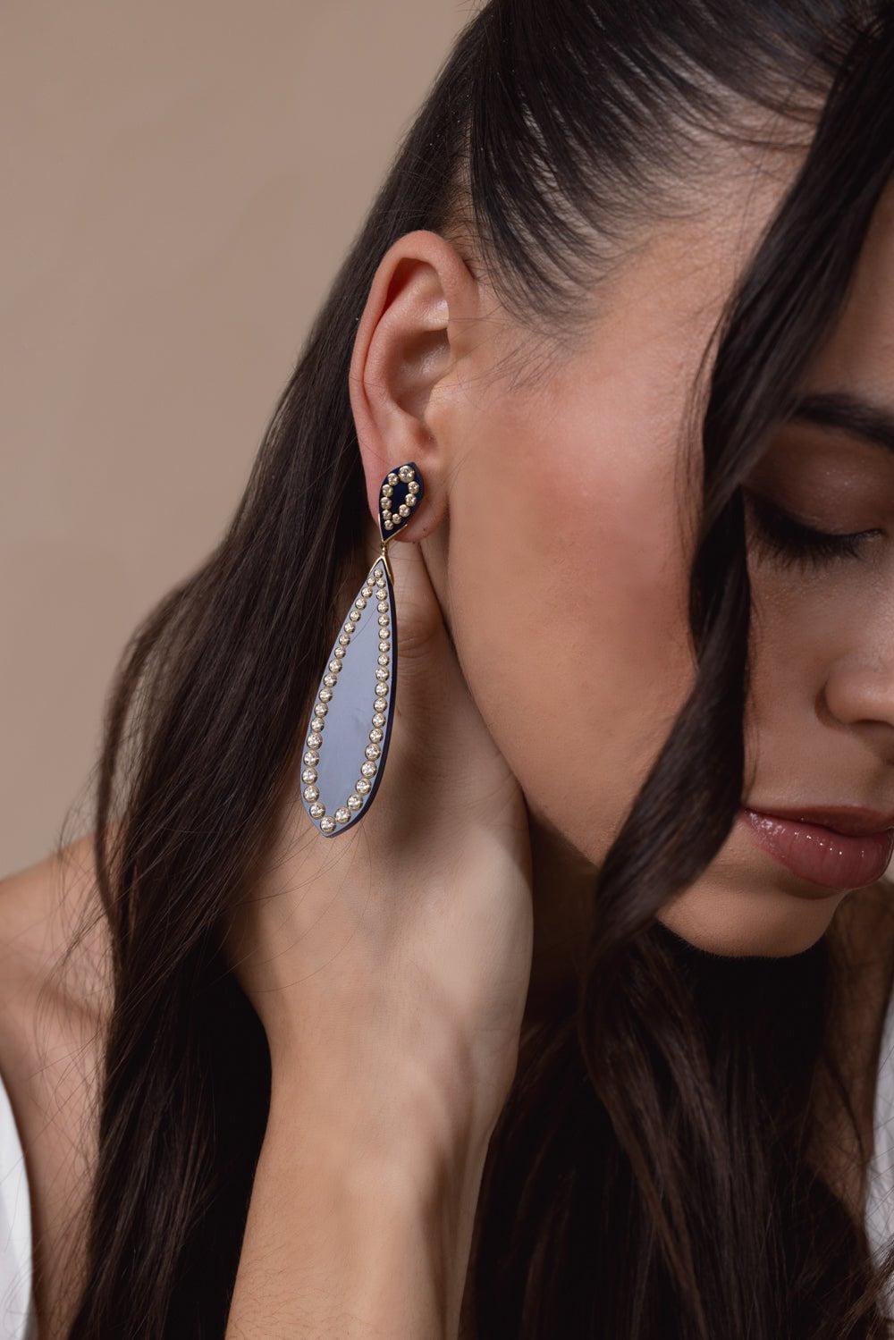 MARK DAVIS-White Topaz Blue Bakelite Earrings-YELLOW GOLD