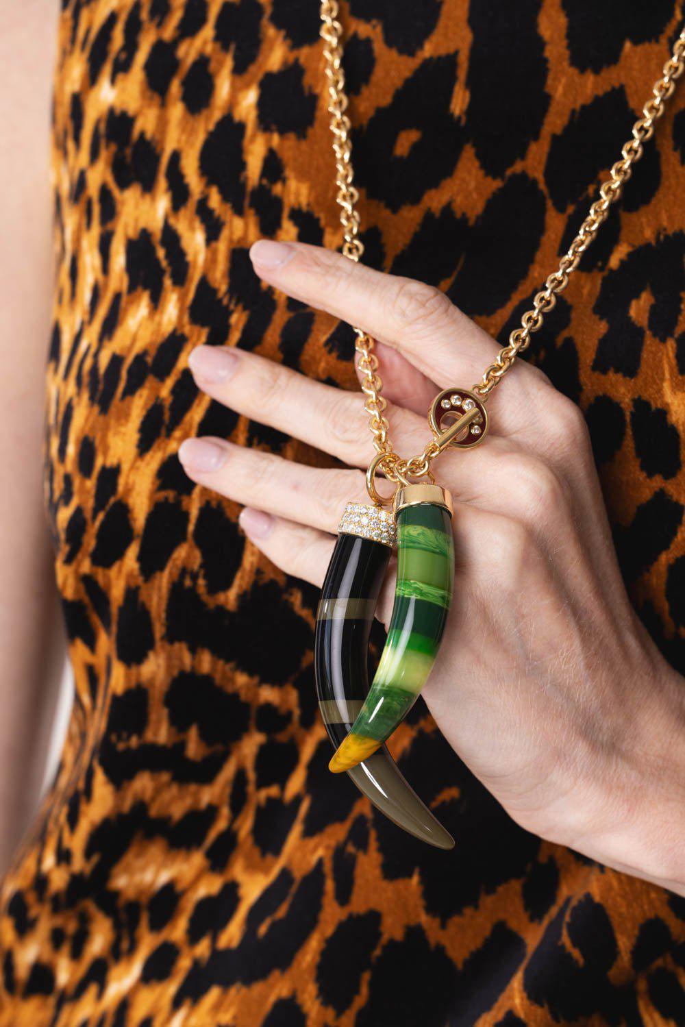 MARK DAVIS-Green Black Diamond Bakelite Tusk Pendant-YELLOW GOLD