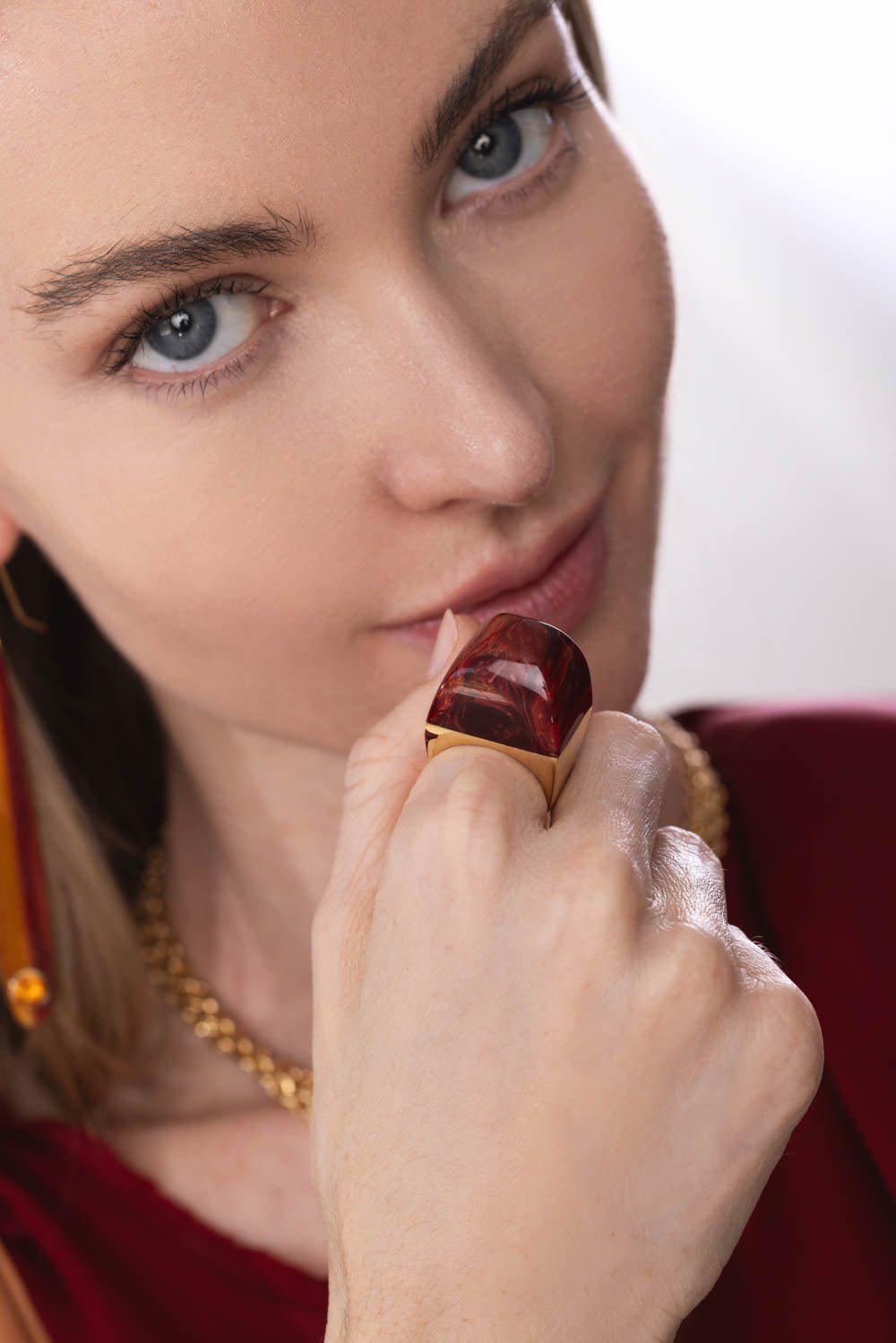 MARK DAVIS-Red Bakelite Kendall Ring-YELLOW GOLD