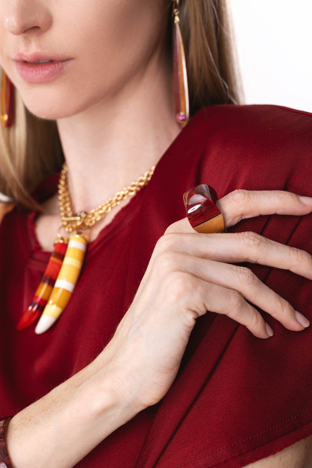 MARK DAVIS-Red Bakelite Kendall Ring-YELLOW GOLD