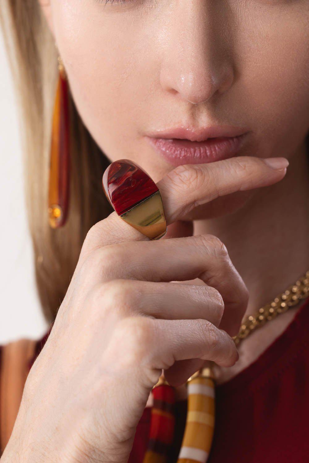 MARK DAVIS-Red Bakelite Kendall Ring-YELLOW GOLD
