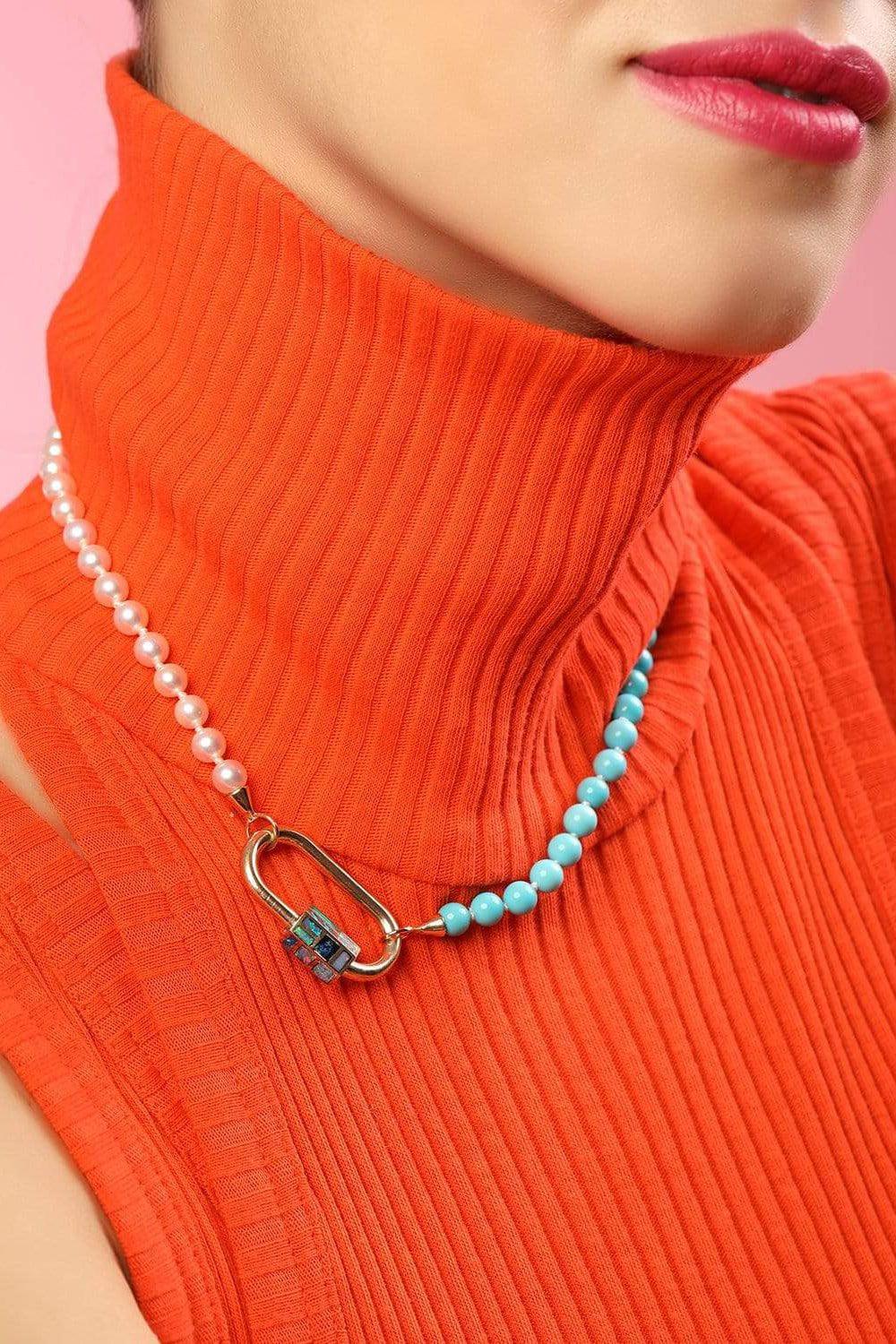 MARLA AARON-Turquoise and Akoya Pearl Half and Half Strand with Yellow Gold Loops-YELLOW GOLD