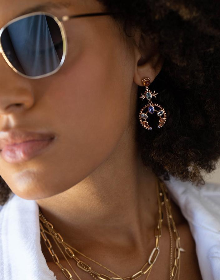 MARLO LAZ-Squash Blossom Tanzanite and Aquamarine Earrings-ROSE GOLD