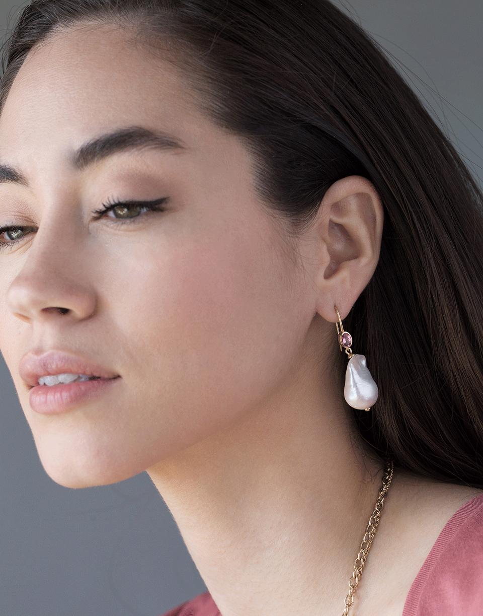 MARLO LAZ-Baroque Pearl and Pink Tourmaline Earrings-YELLOW GOLD