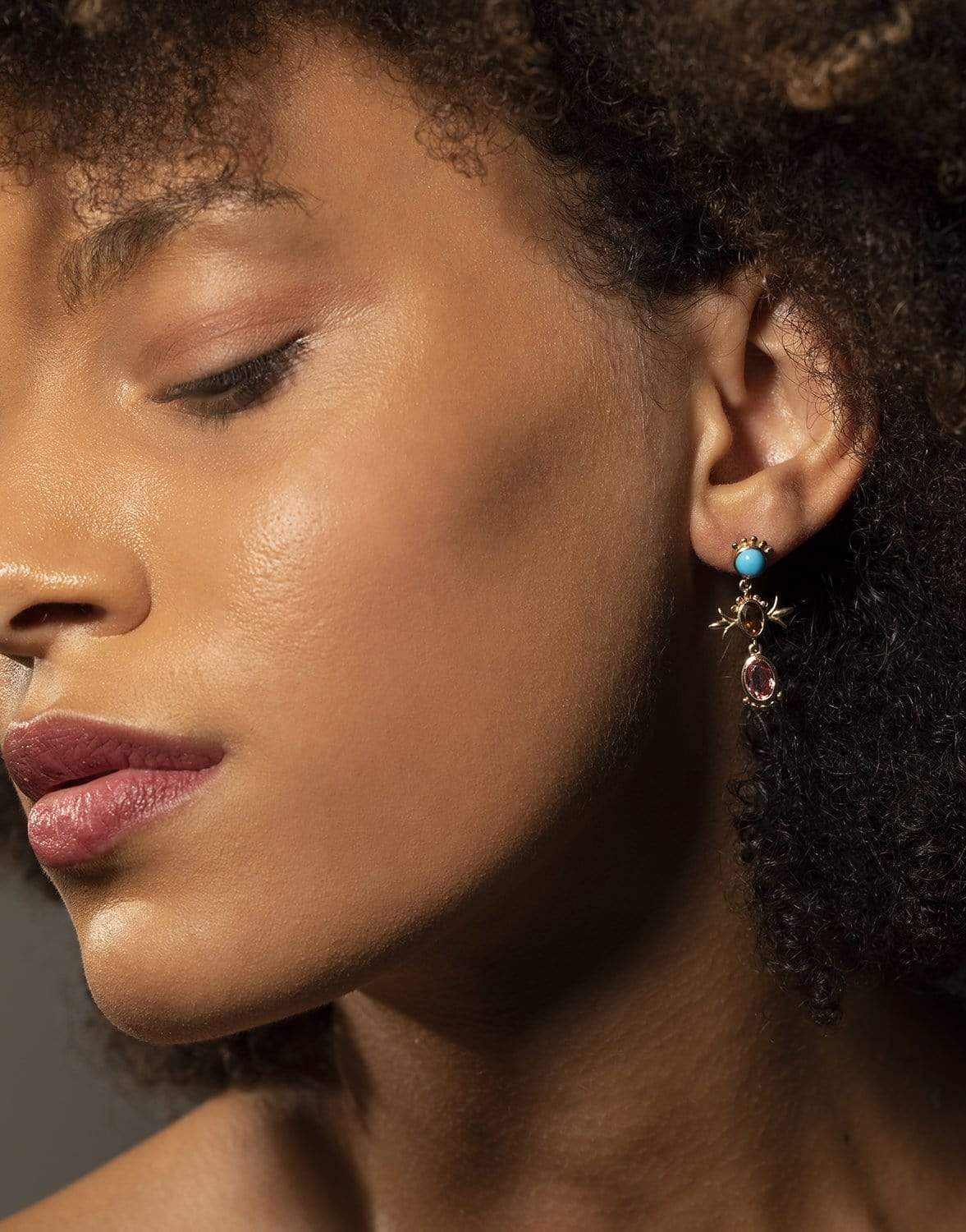 MARLO LAZ-Squash Blossom Tanzanite and Aquamarine Triple Hanging Studs-YELLOW GOLD