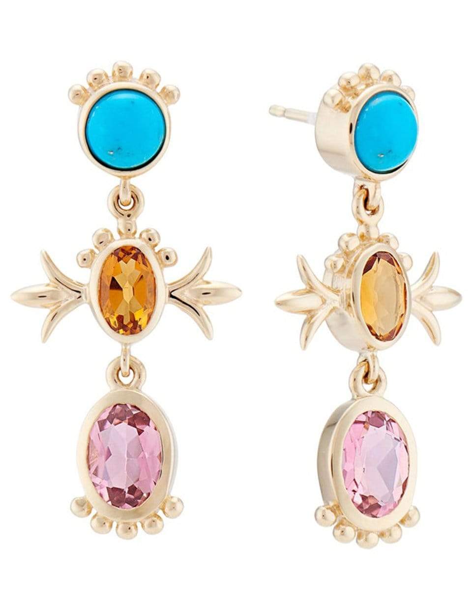 MARLO LAZ-Squash Blossom Tanzanite and Aquamarine Triple Hanging Studs-YELLOW GOLD