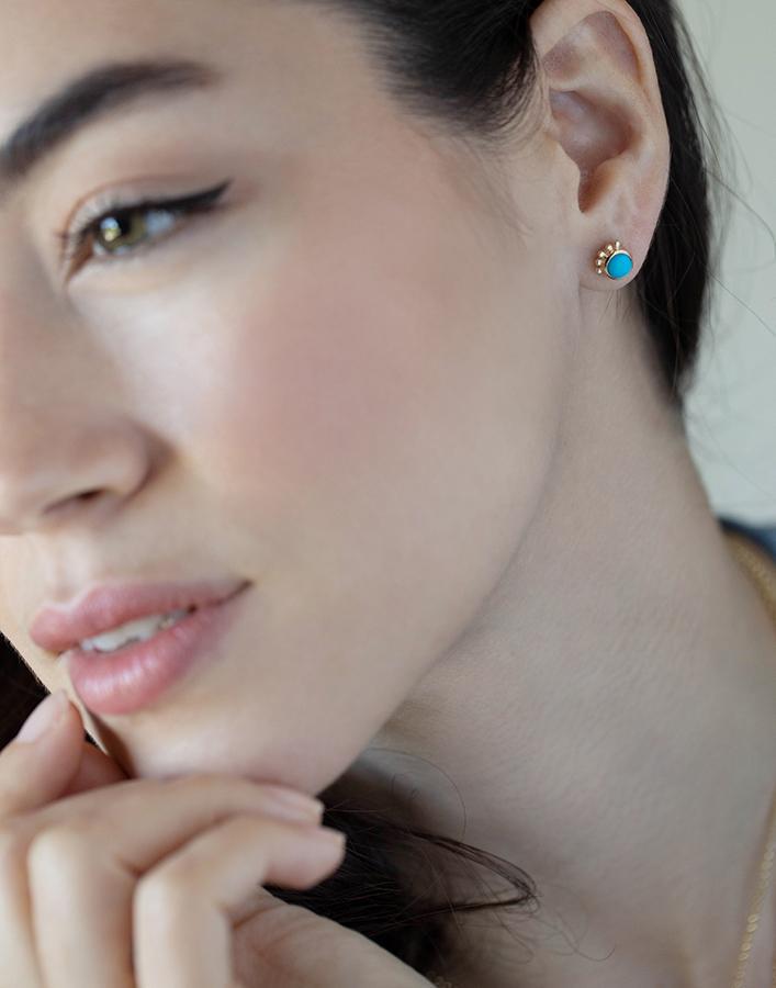 MARLO LAZ-Squash Blossom Turquoise Studs-YELLOW GOLD