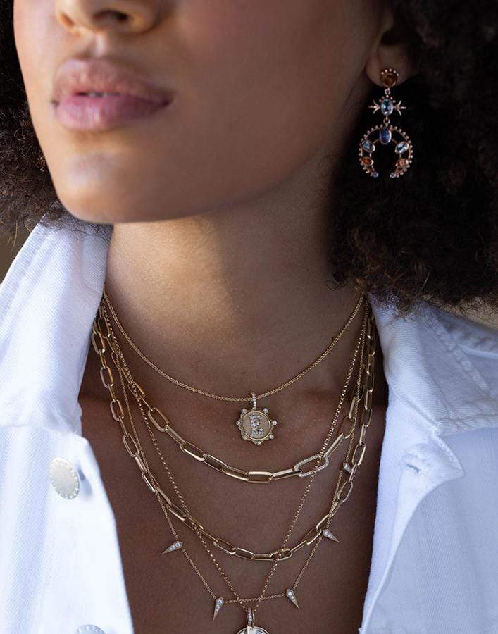 MARLO LAZ-Pave Diamond E Initial Coin Necklace-YELLOW GOLD