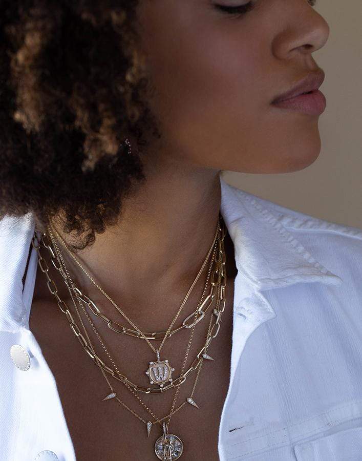 MARLO LAZ-Pave Diamond W Initial Coin Necklace-YELLOW GOLD