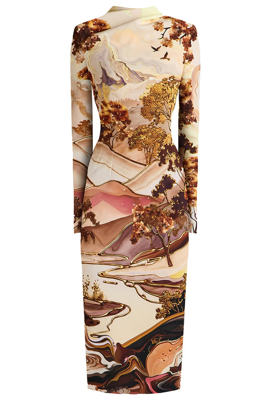 Aeila Landscape Print Long Sleeve Midi Dress-NOVELTY-4-CLOTHINGDRESSCASUAL-MARY KATRANTZOU