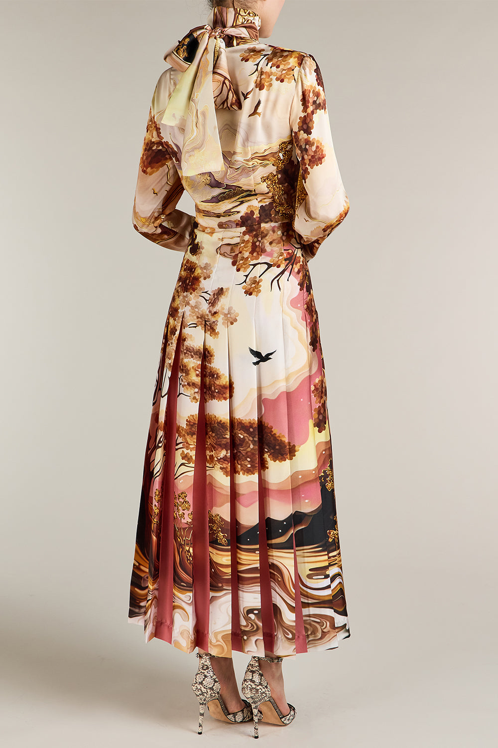 Alexis Landscape Print Tie-Neck Midi Dress-NOVELTY-4-CLOTHINGDRESSCASUAL-MARY KATRANTZOU