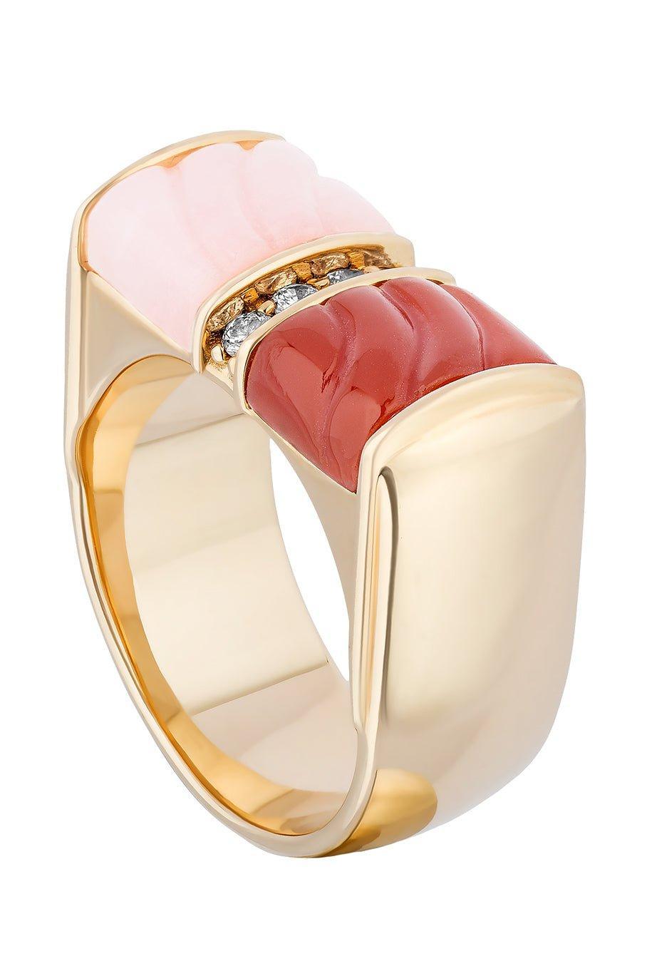 MASON & BOOKS-DNA Cigar Double Ring - Pink Opal-YELLOW GOLD