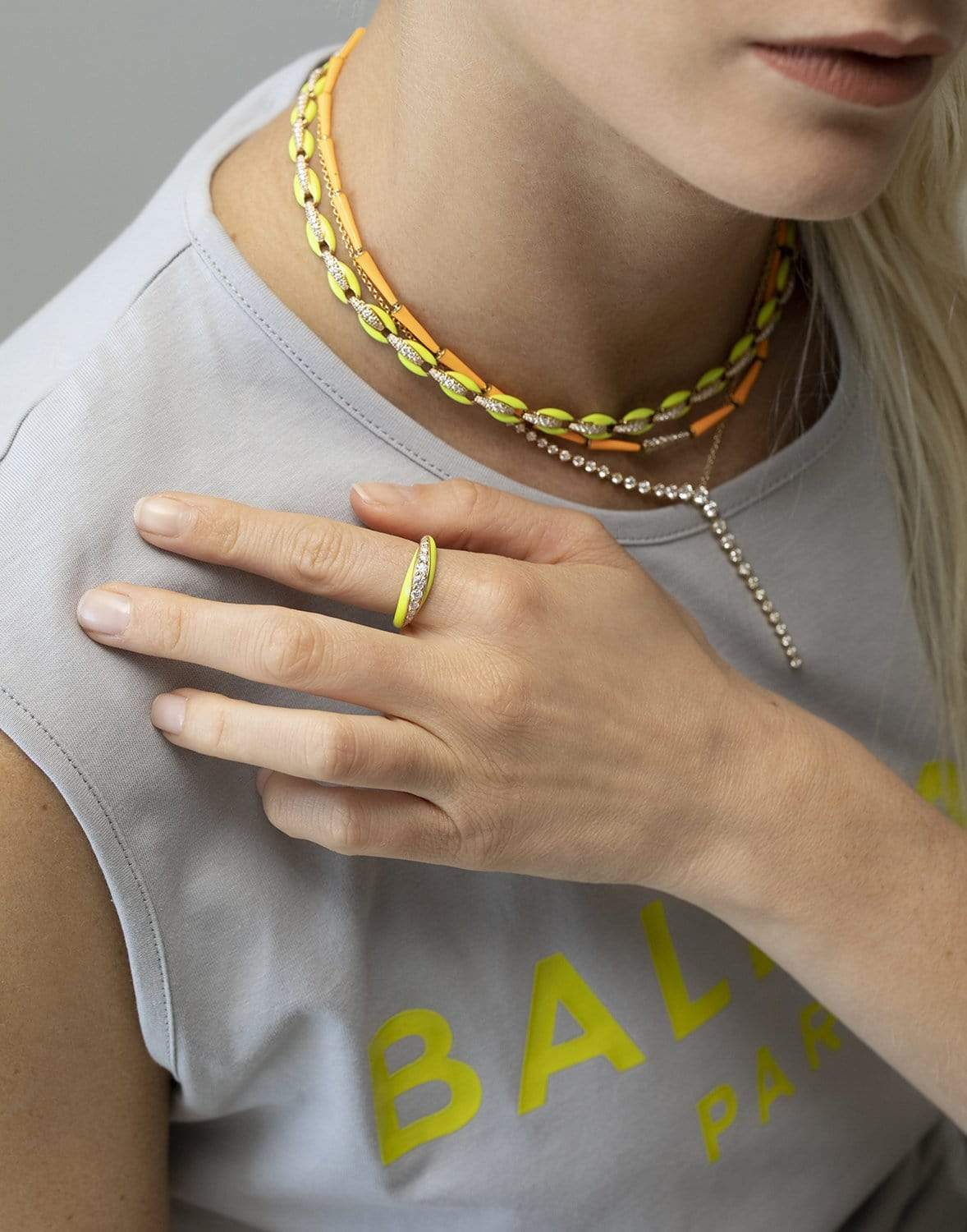MELISSA KAYE-Lola Neon Orange Enamel Linked Necklace-YELLOW GOLD