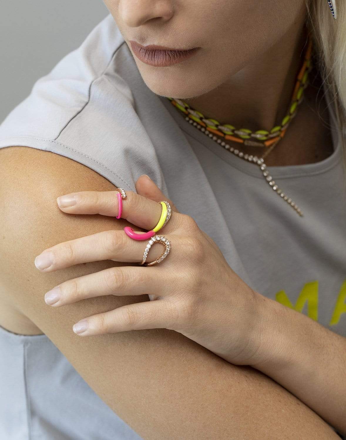 MELISSA KAYE-Aria Jane Neon Pink Enamel Ring-ROSE GOLD