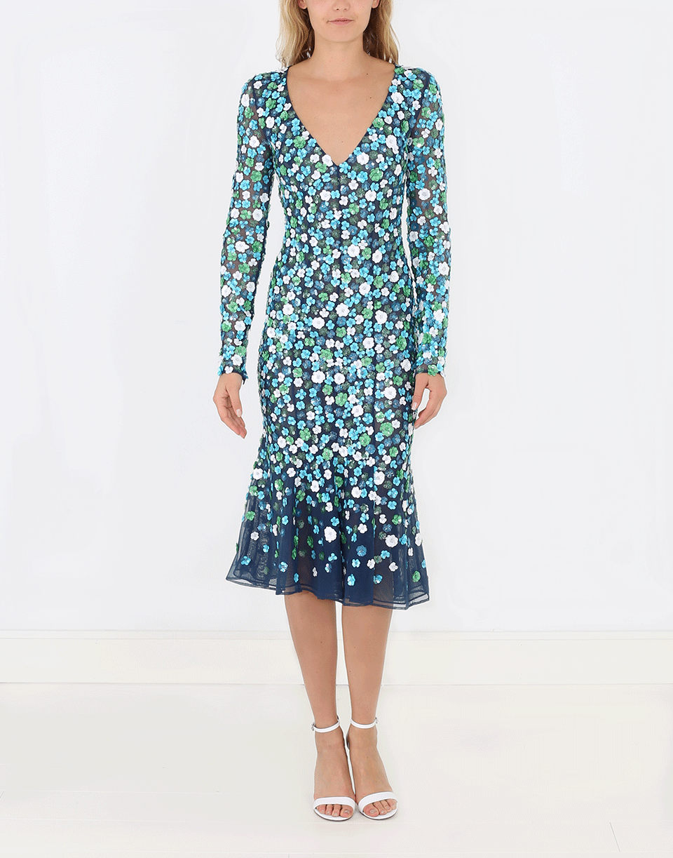 MICHAEL KORS-Embroidered Plunge Floral Dress-AQUA