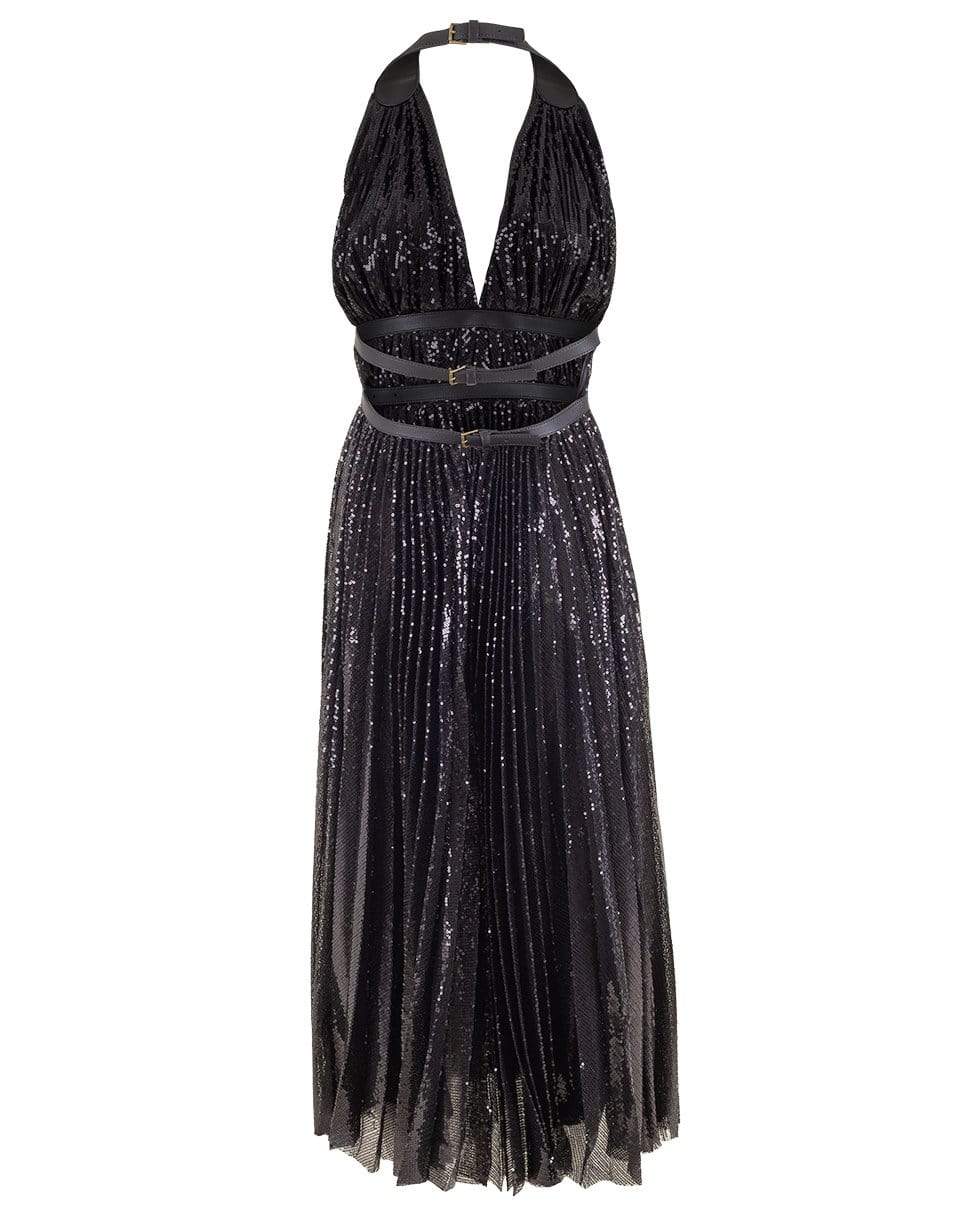 MICHAEL KORS-Double Belt Pleated Halter Dress-BLACK