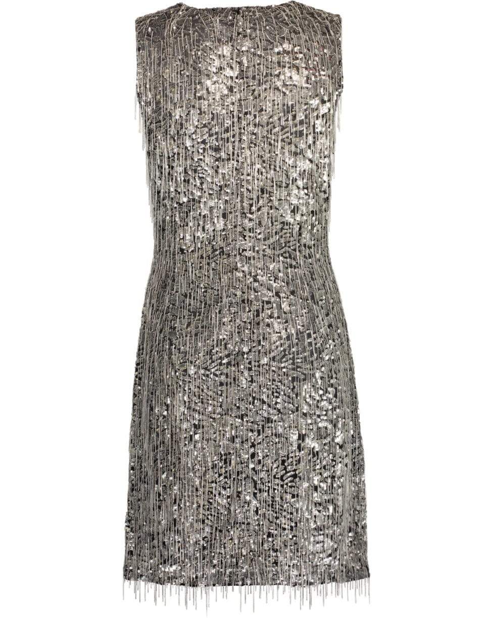 MICHAEL KORS-Embroidered Fringe Sheath Dress-BLK/SLVR