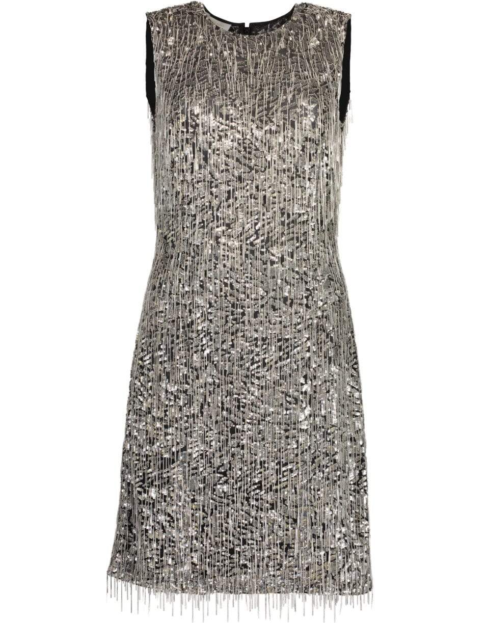 MICHAEL KORS-Embroidered Fringe Sheath Dress-BLK/SLVR