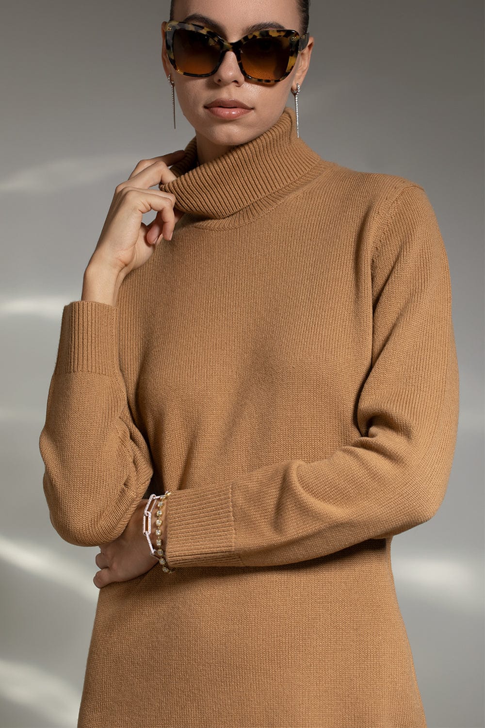 MICHAEL KORS-Kaia Turtleneck Dress-CAMEL