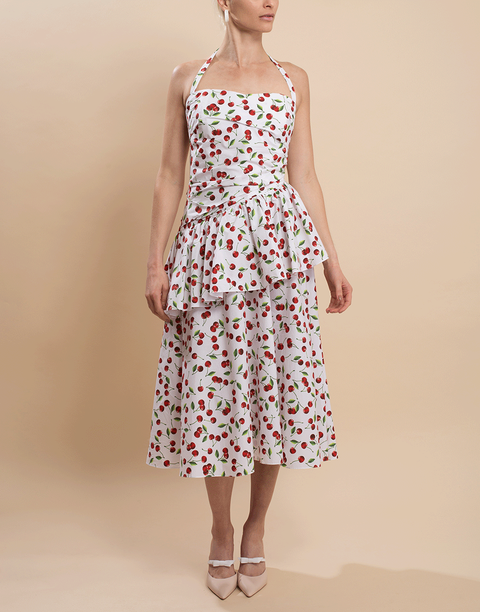 MICHAEL KORS-Cherry Print Ruched Peplum Halter Dress-
