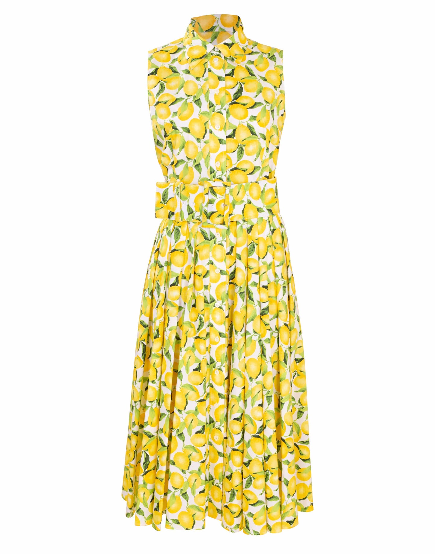 MICHAEL KORS-Sleeveless Lemon Print Belted Shirt Dress-