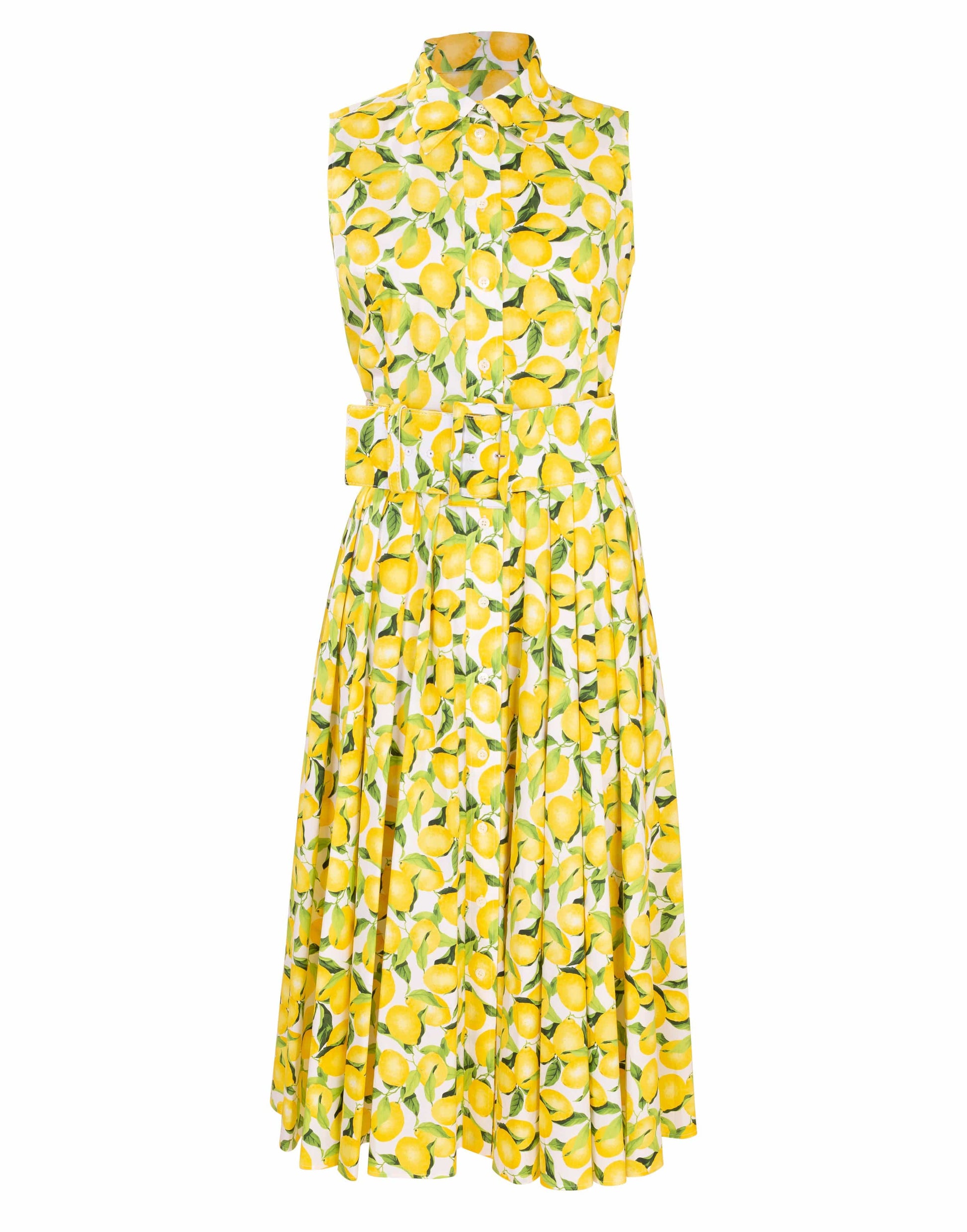 MICHAEL KORS-Sleeveless Lemon Print Belted Shirt Dress-