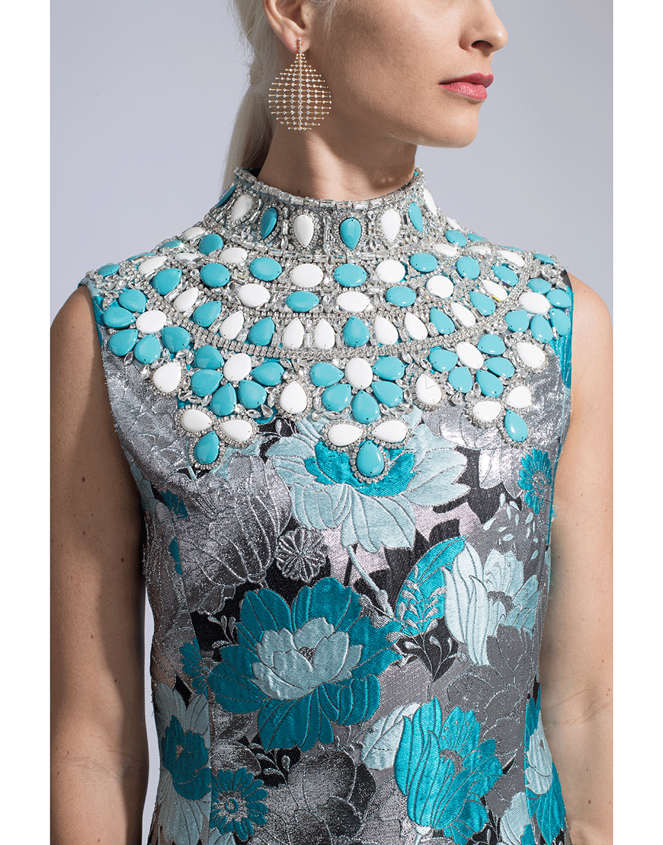MICHAEL KORS-Brocade Embroidered Shift-AQUA SILVER