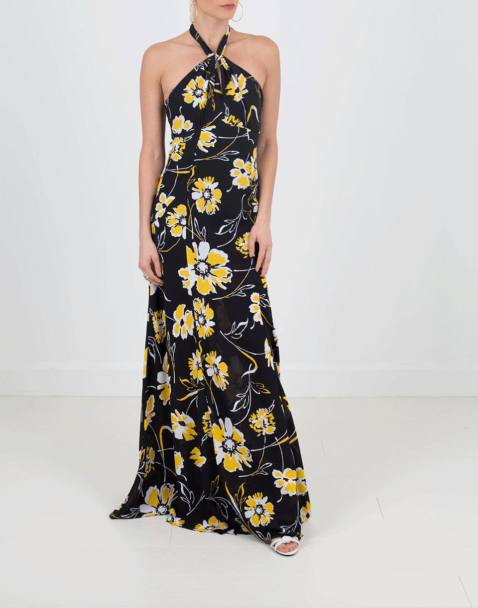 MICHAEL KORS-Graphic Floral Georgette Halter Gown-LEMON