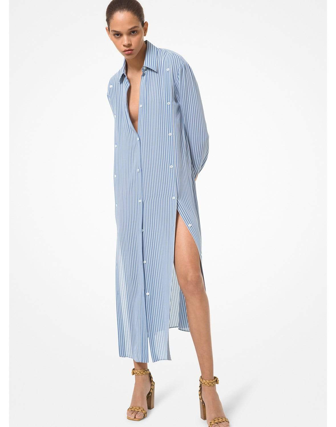 MICHAEL KORS-Striped Silk Georgette Slashed Shirtdress-