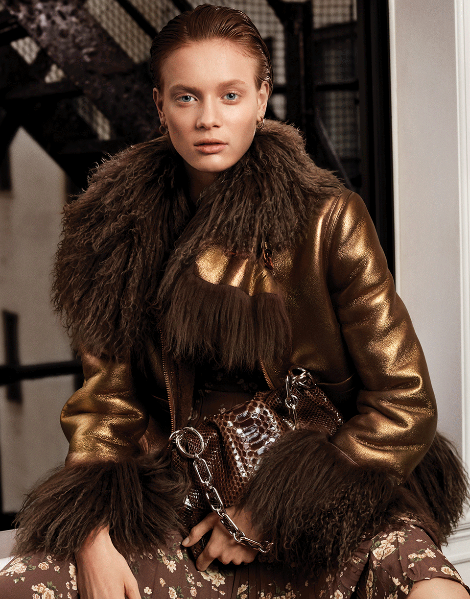 MICHAEL KORS-Metallic Shearling Bomber Jacket-COPPER