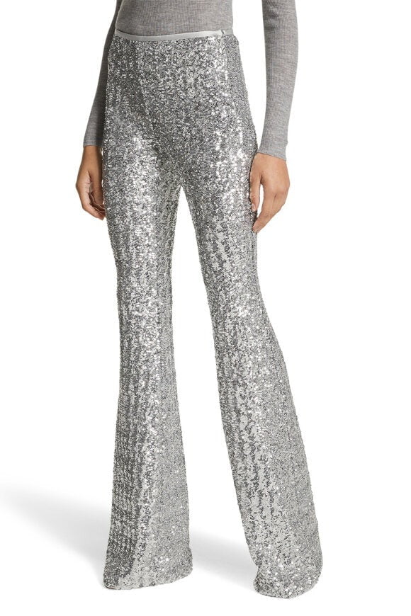 MICHAEL KORS-Side Zip Sequin Flare Pant - Silver-