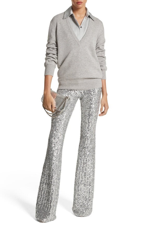 MICHAEL KORS-Side Zip Sequin Flare Pant - Silver-