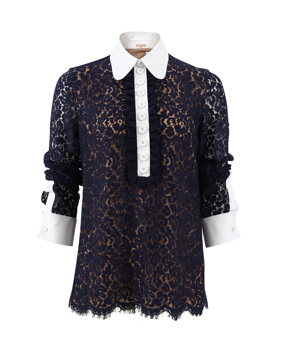 MICHAEL KORS-Ruffle Front Lace Henley Blouse-