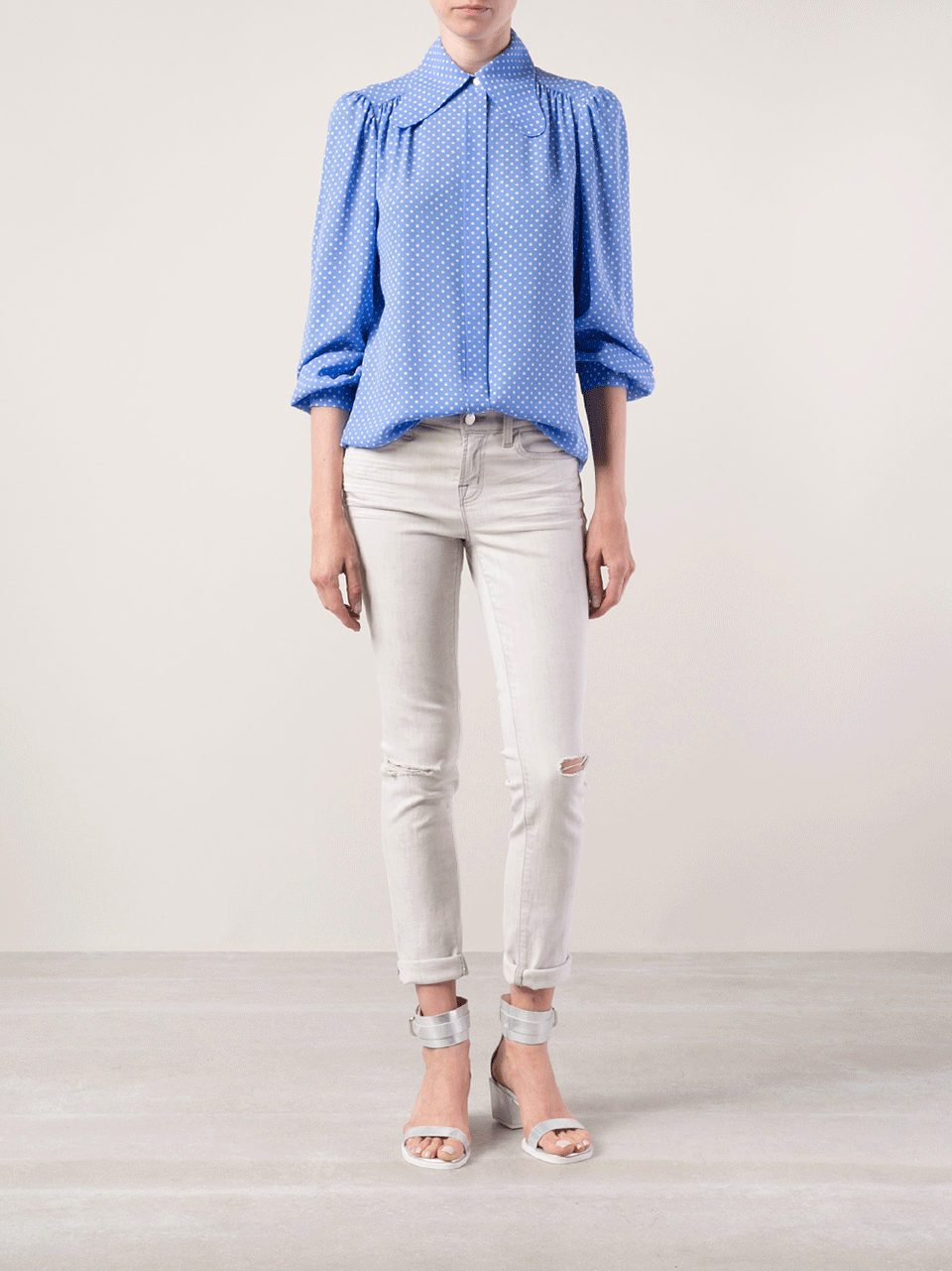 MICHAEL KORS-Wide Lapel Gathered Dot Blouse-