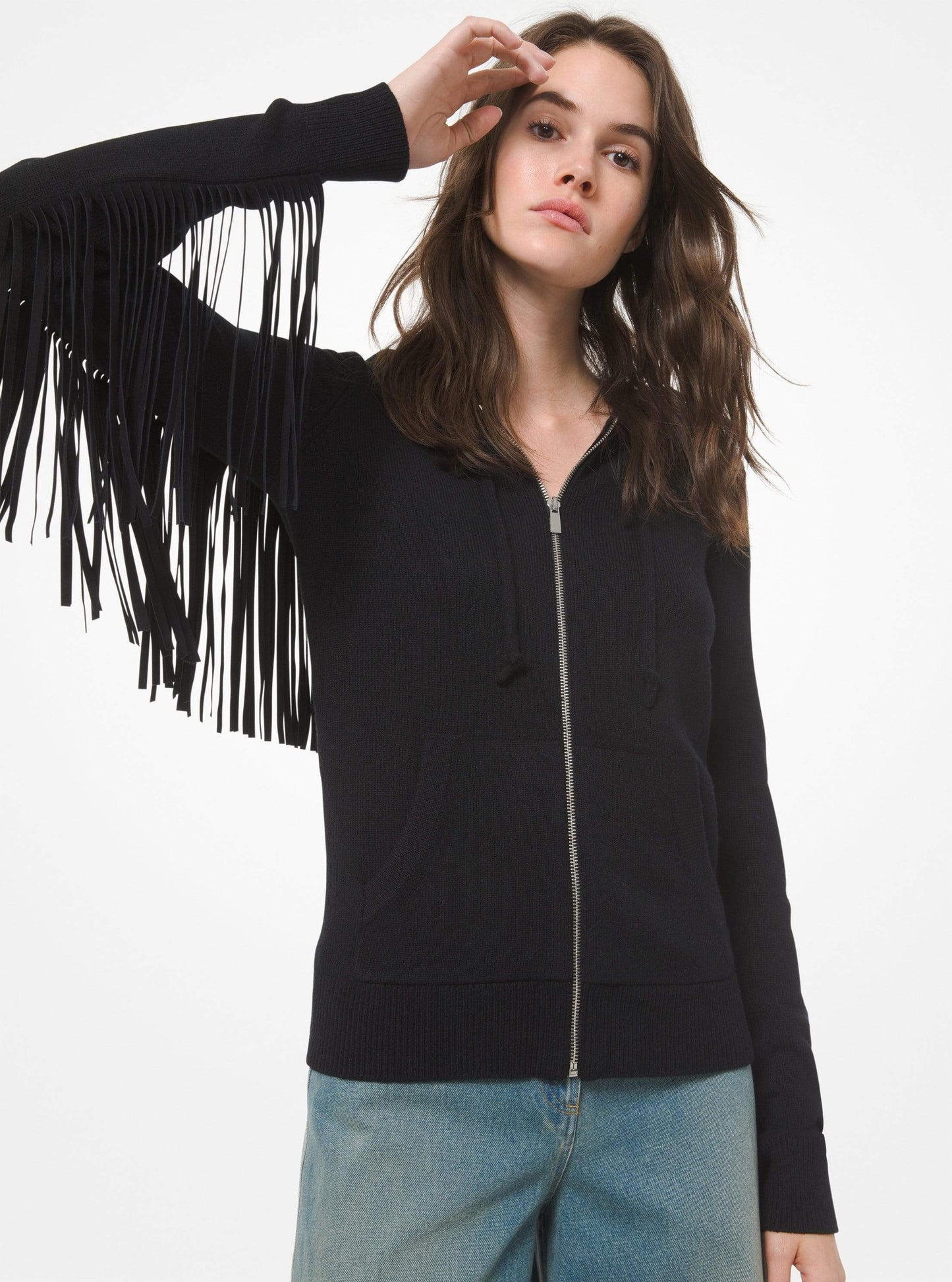 MICHAEL KORS-Black Cashmere and Suede Fringe Hoodie-
