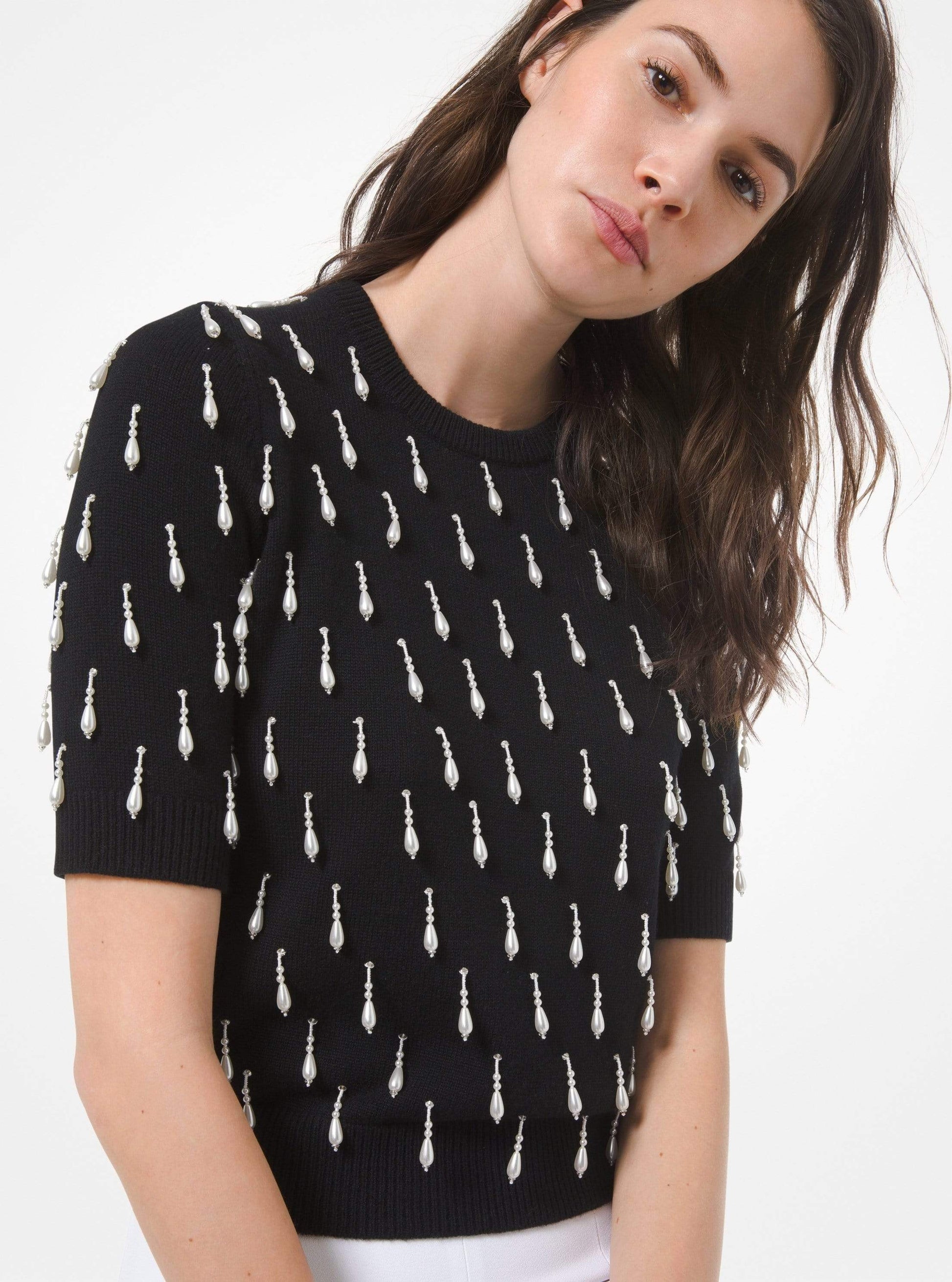 MICHAEL KORS-Black Cashmere Pearl Embellished Pullover-