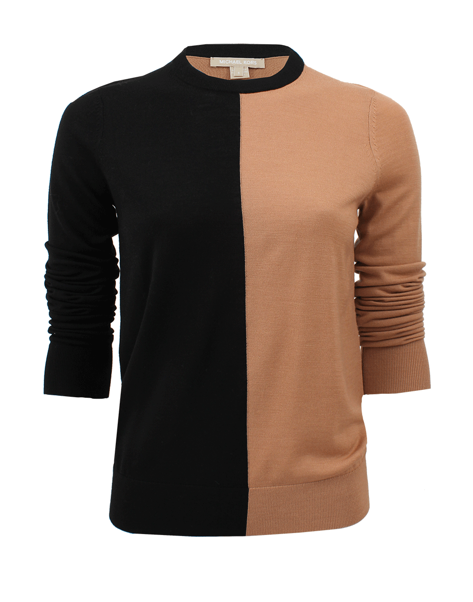MICHAEL KORS-Long Sleeve Colorblock Crewneck-BLK/TAN