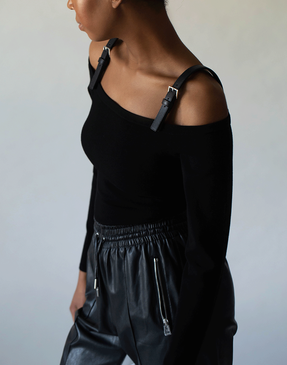 MICHAEL KORS-Black Leather Strap Off Shoulder Top-
