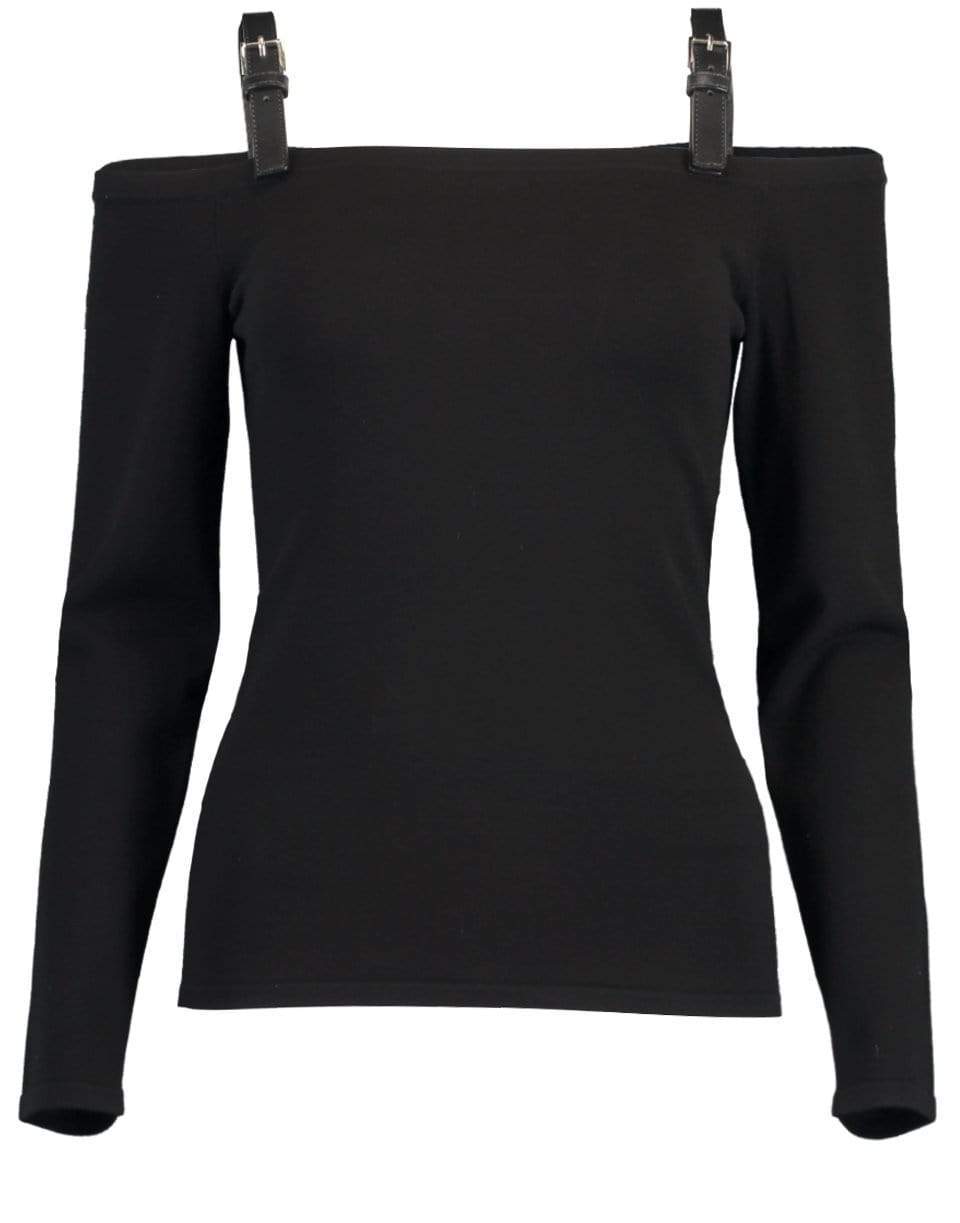 MICHAEL KORS-Black Leather Strap Off Shoulder Top-