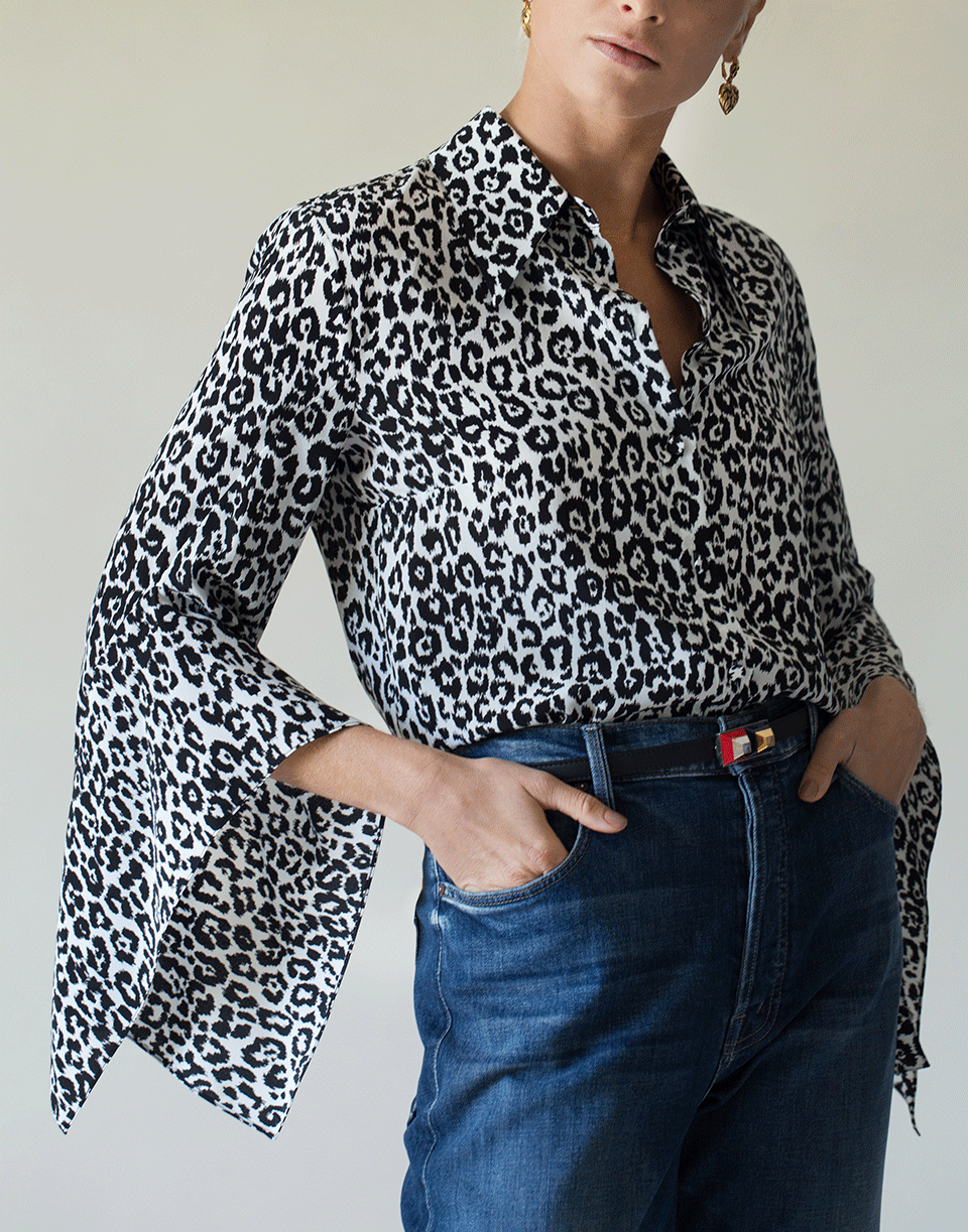 MICHAEL KORS-Leopard Silk Draped-Sleeve Blouse-BLK/IVRY