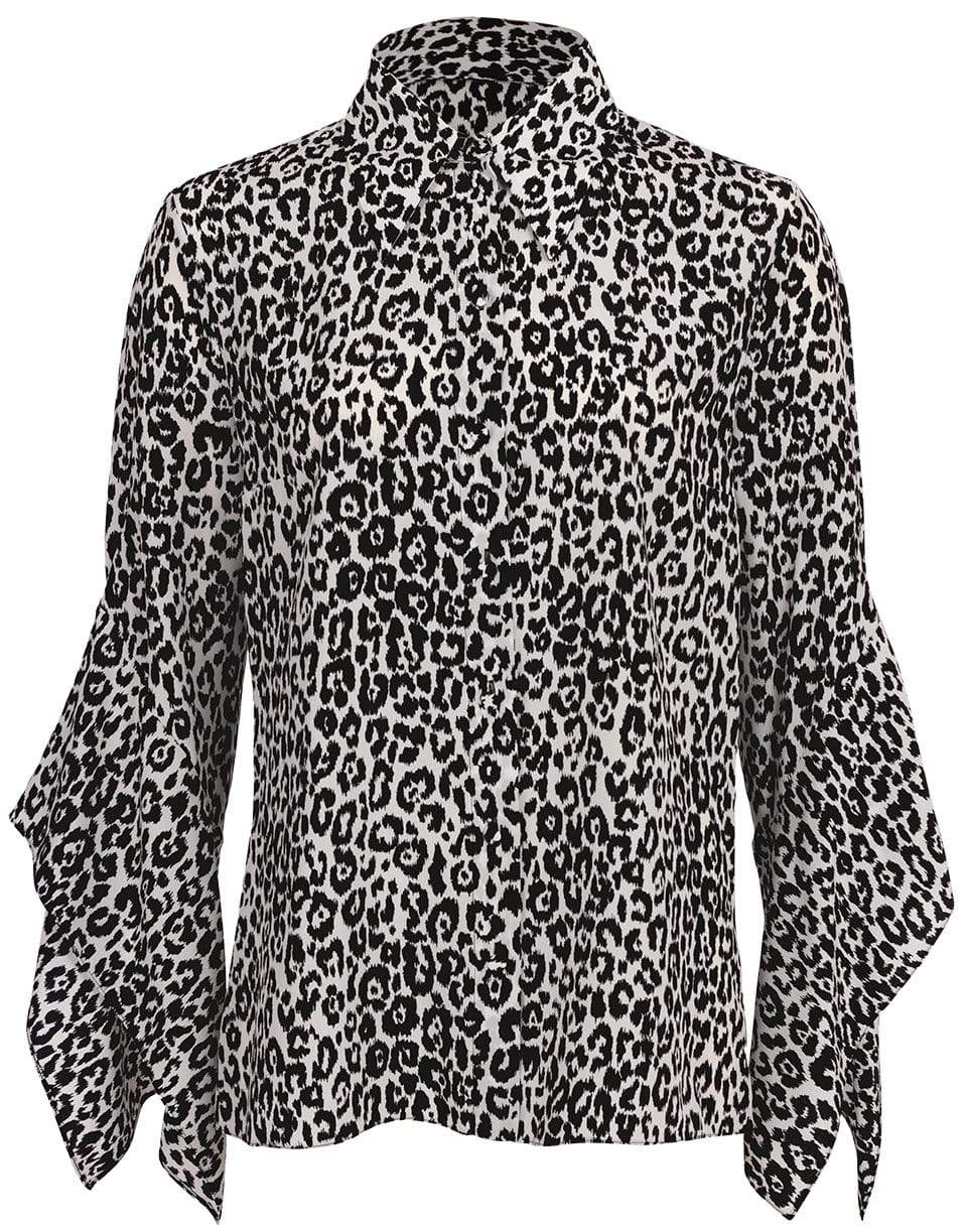 MICHAEL KORS-Leopard Silk Draped-Sleeve Blouse-BLK/IVRY