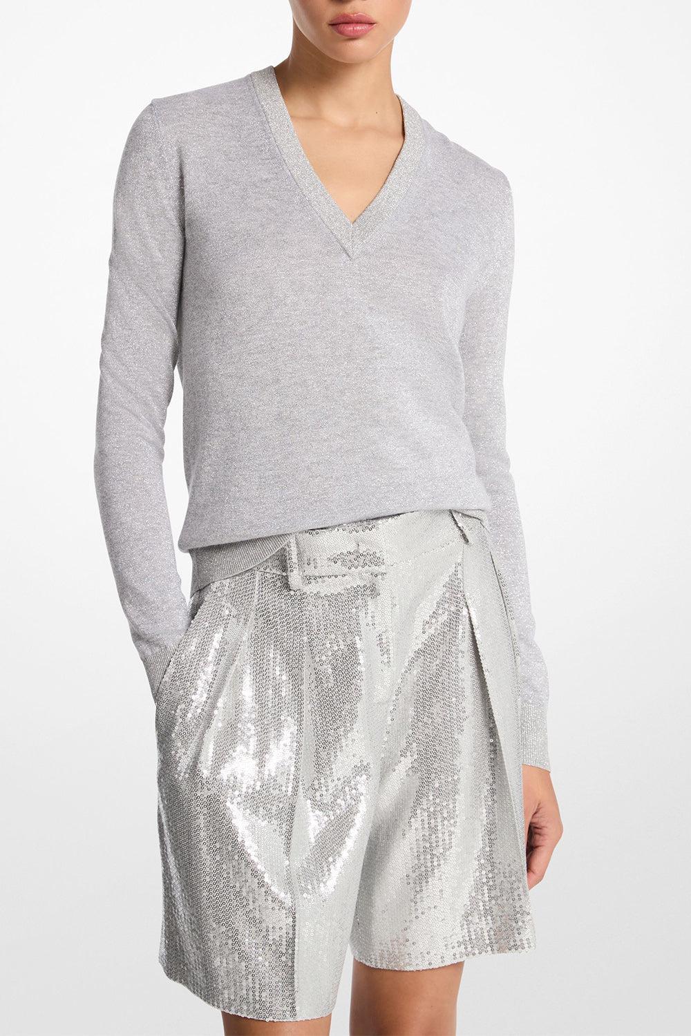 MICHAEL KORS COLLECTION-V Neck Sweater - Pearl Silver-