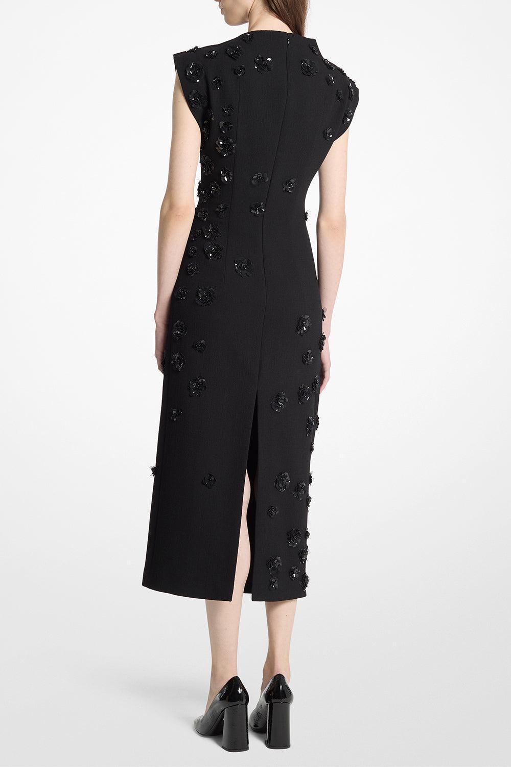 Embellished Draped Flower Dress-BLACK-4-CLOTHINGDRESSEVENING-MICHAEL KORS COLLECTION