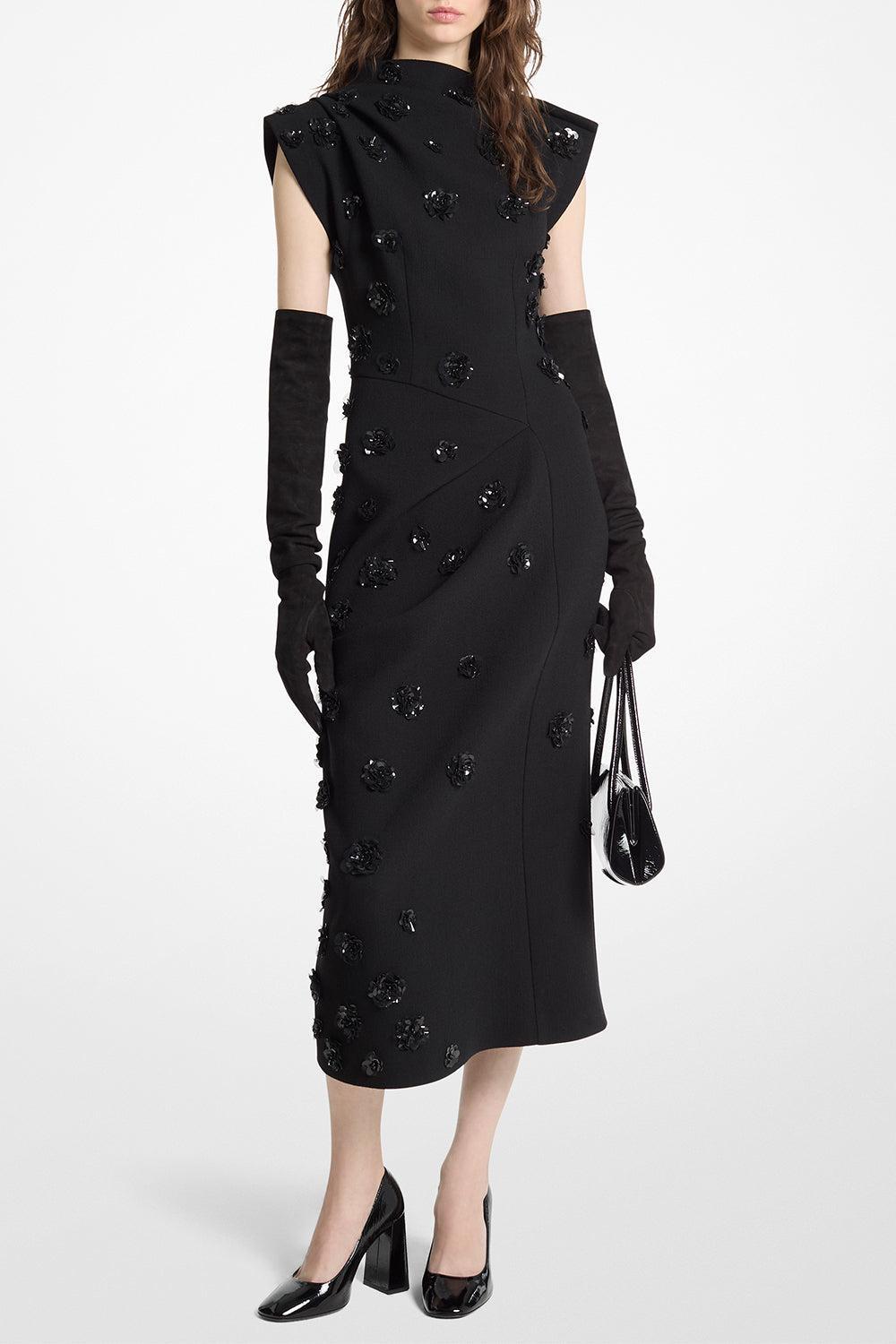  Embellished Draped Flower Dress-BLACK-4-CLOTHINGDRESSEVENING-MICHAEL KORS COLLECTION 