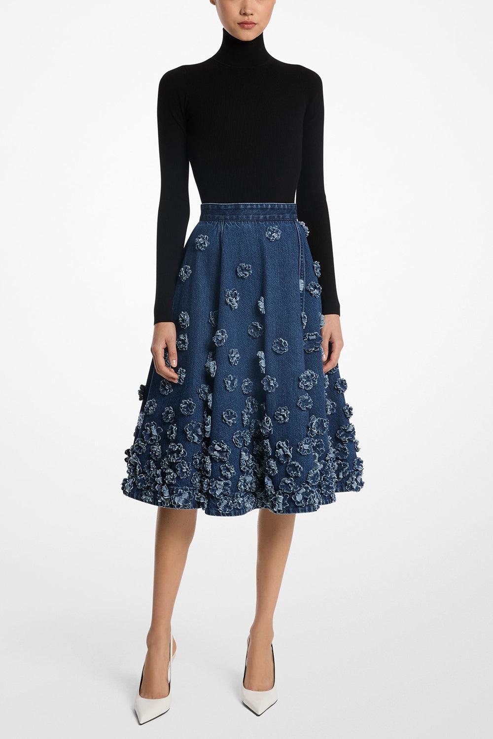 Floral Denim Skirt-LT INDIG-4-CLOTHINGSKIRTKNEE LENGT-MICHAEL KORS COLLECTION