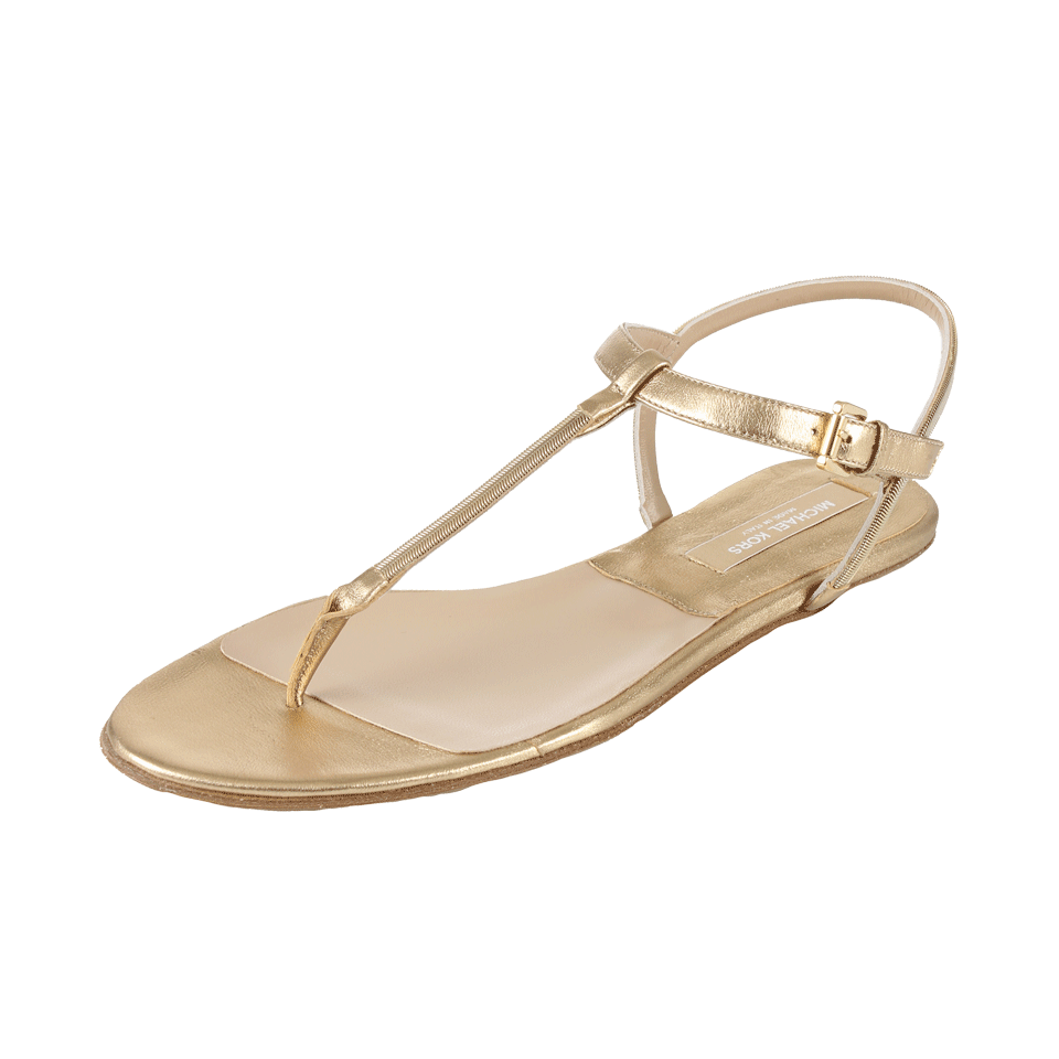 MICHAEL KORS-T-Strap Metallic Flat Sandal-GOLD