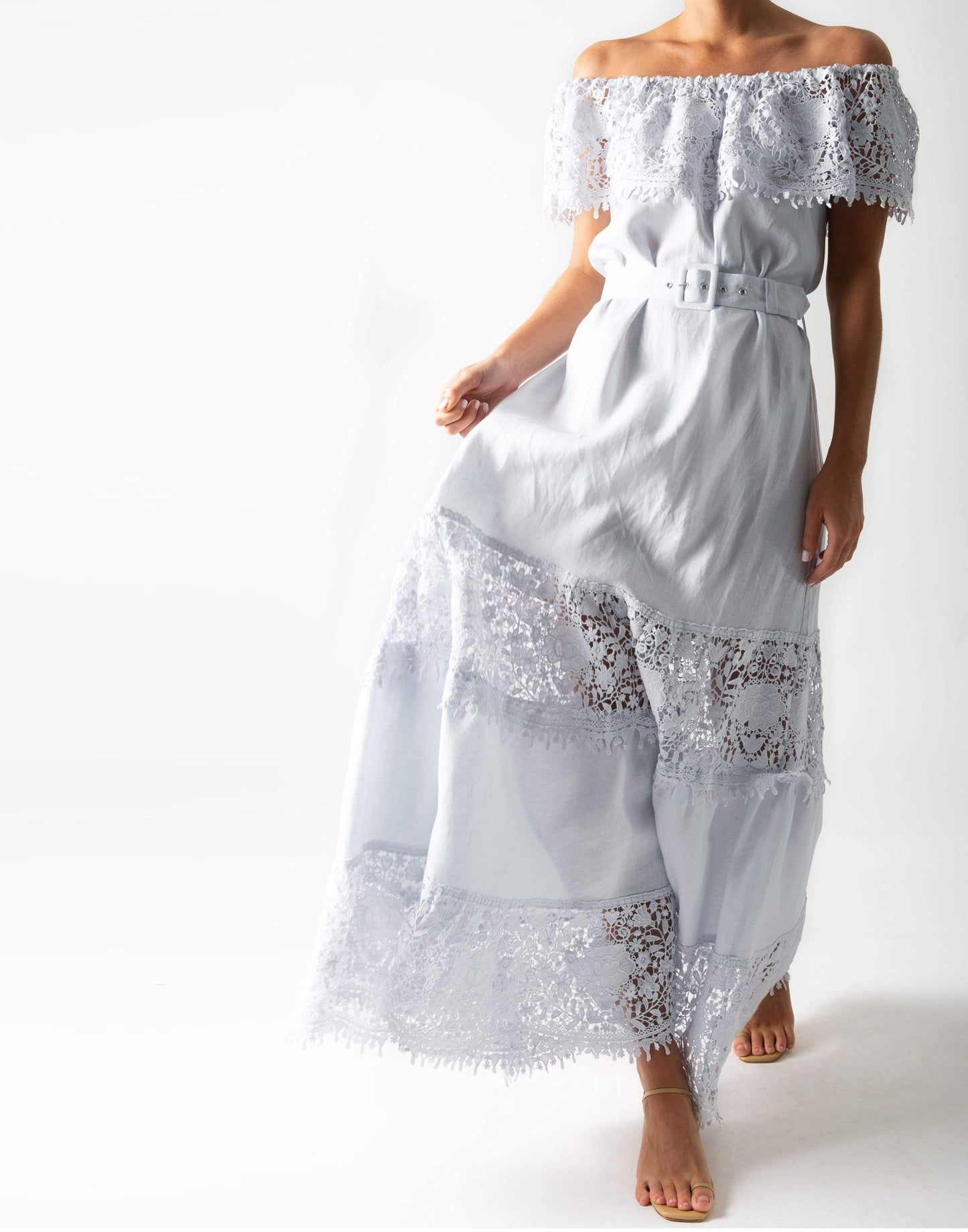 MIGUELINA-Maeve Off Shoulder Belted Maxi Dress-