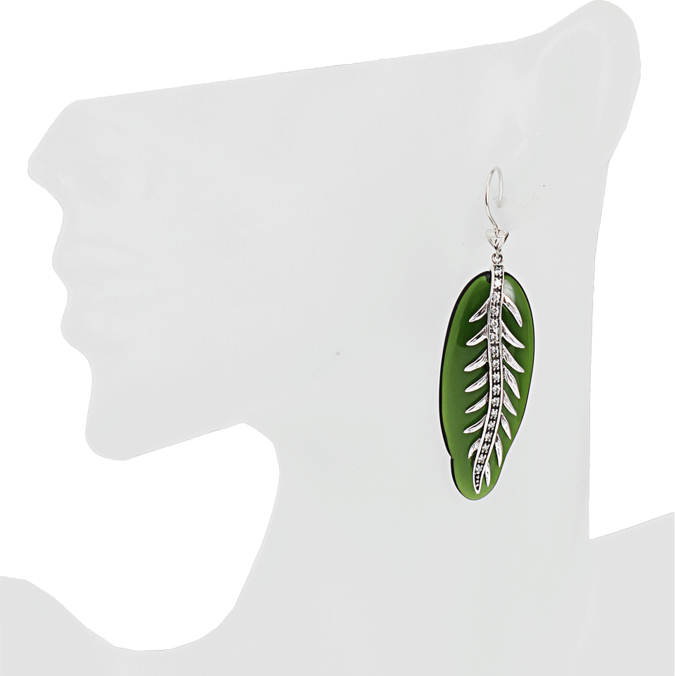 MIRIAM SALAT-Long Feather Cubic Zirconia Detail Resin Earrings-SS/GREEN